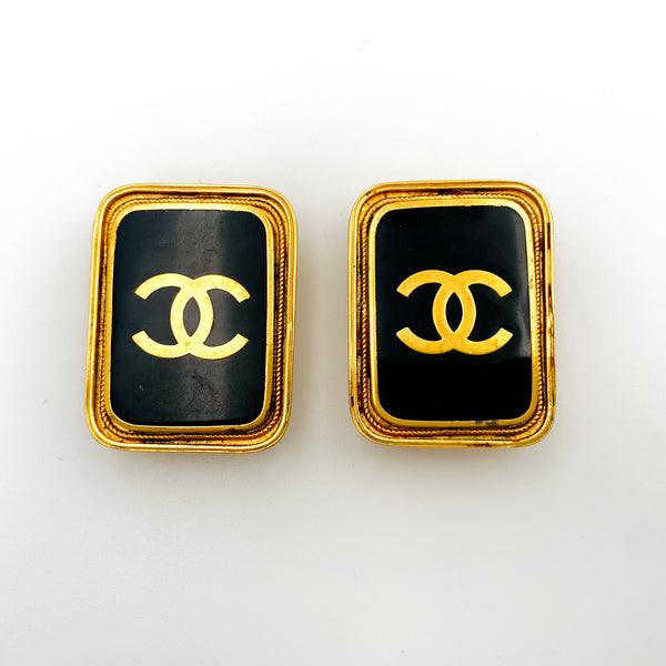 Vintage Chanel Gold and Black Rectangular with CC logo Clip on Earrings